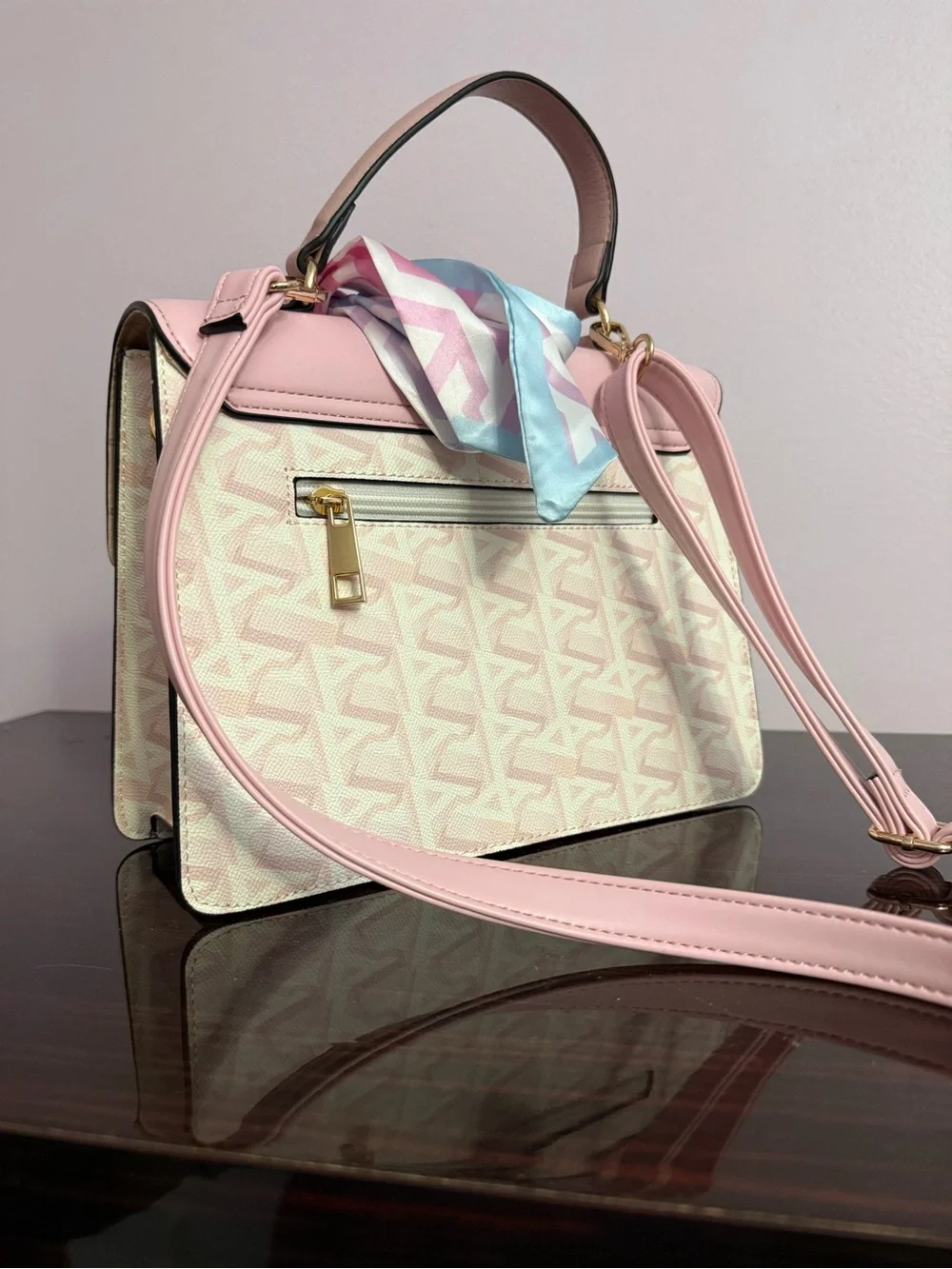 ALDO Pink & White Structured Top-Handle Satchel